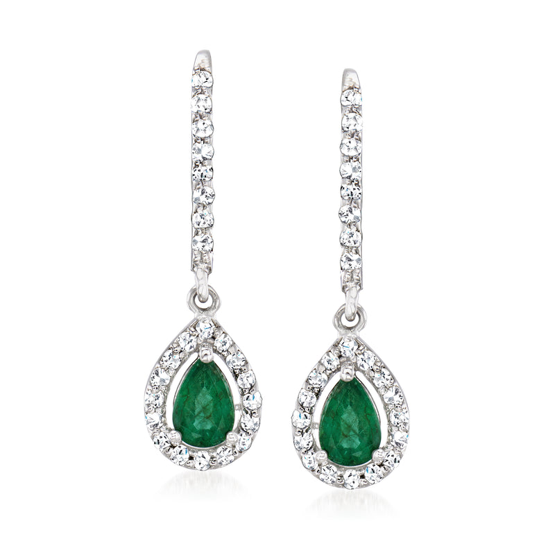 Emerald drop earrings with green teardrop stone and white diamond halo, on post settings