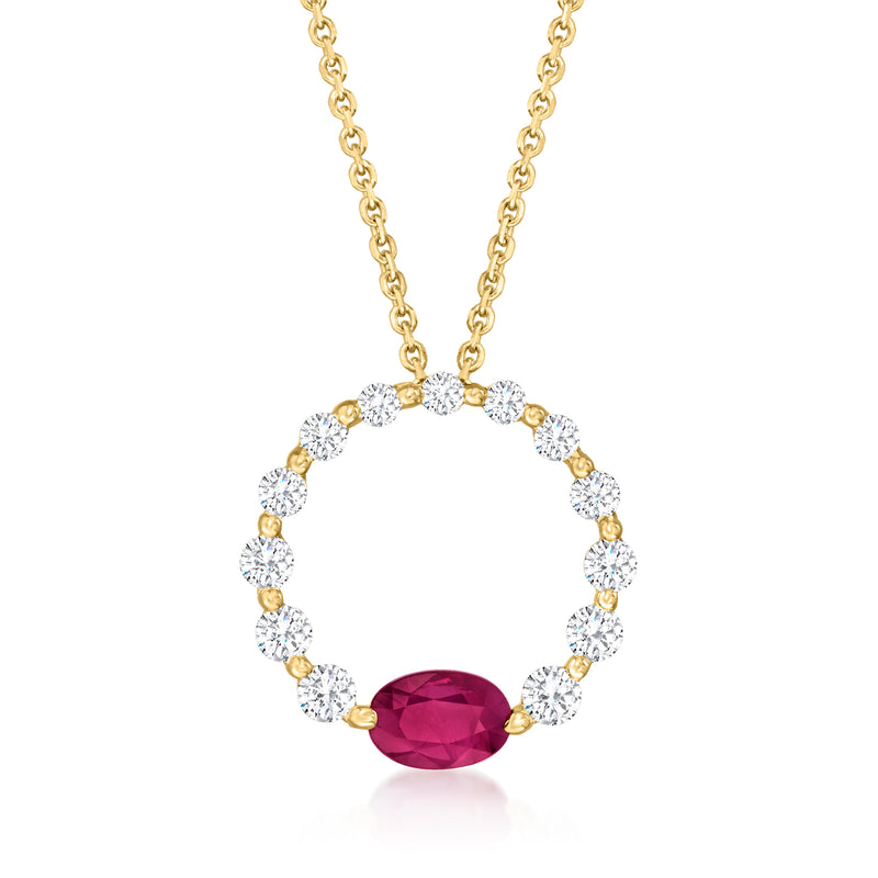 18k yellow gold necklace with circular diamond halo and oval ruby pendant