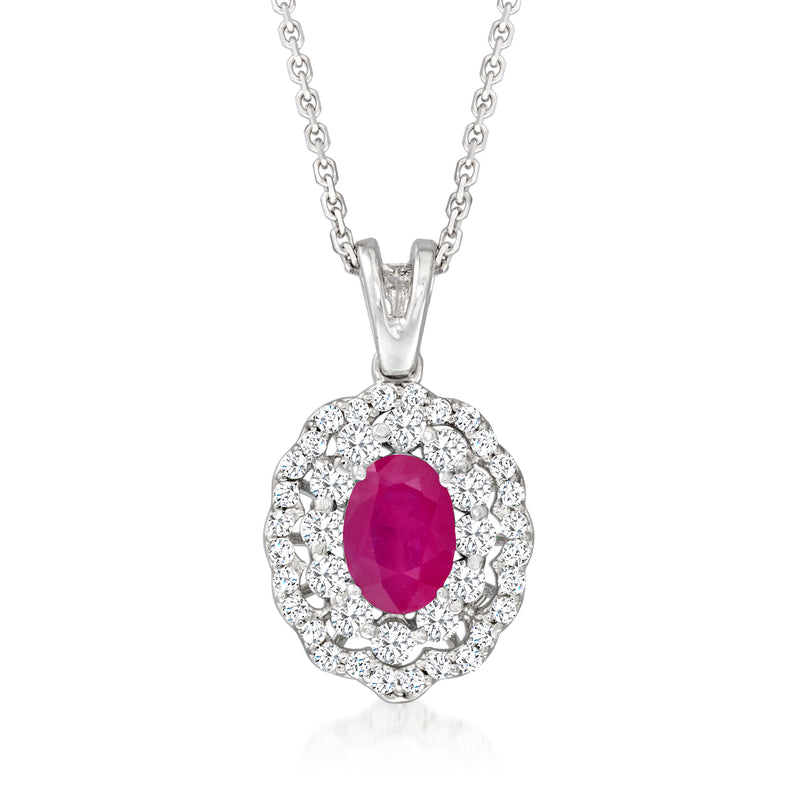 18kt white gold pendant necklace with oval ruby center and diamond halo