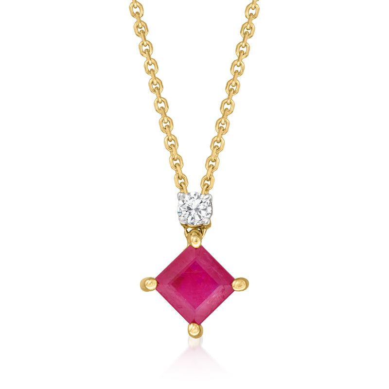 18kt yellow gold ruby pendant necklace with diamond top and square ruby pendant