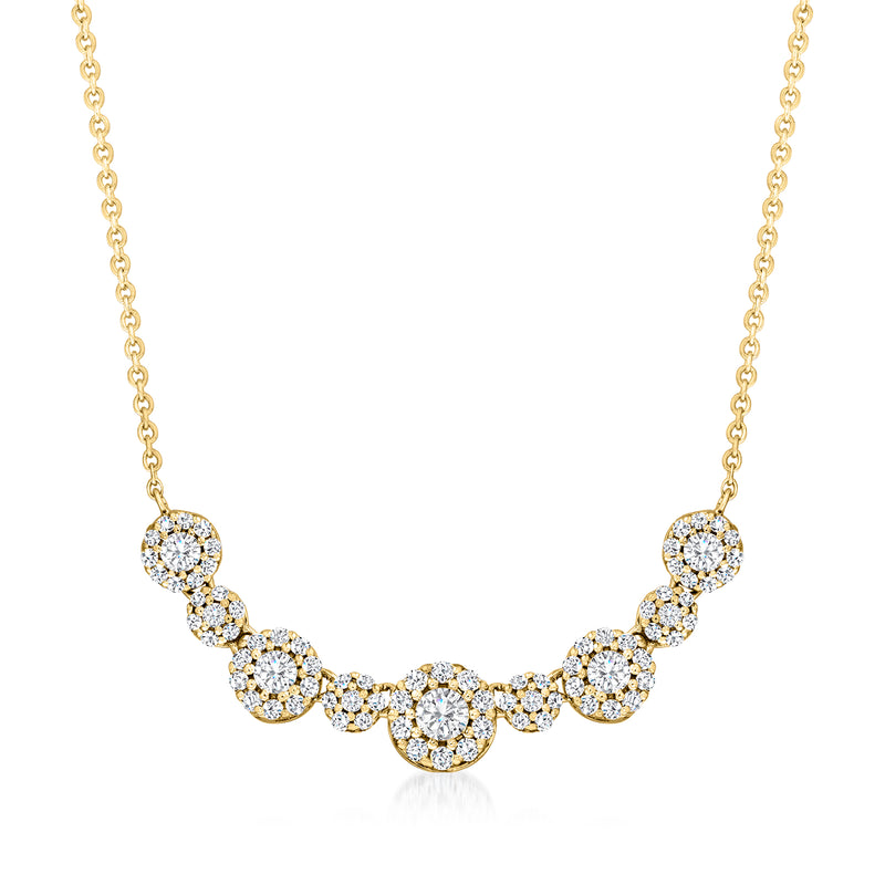 14kt yellow gold diamond circle cluster necklace with round bezel-set stones