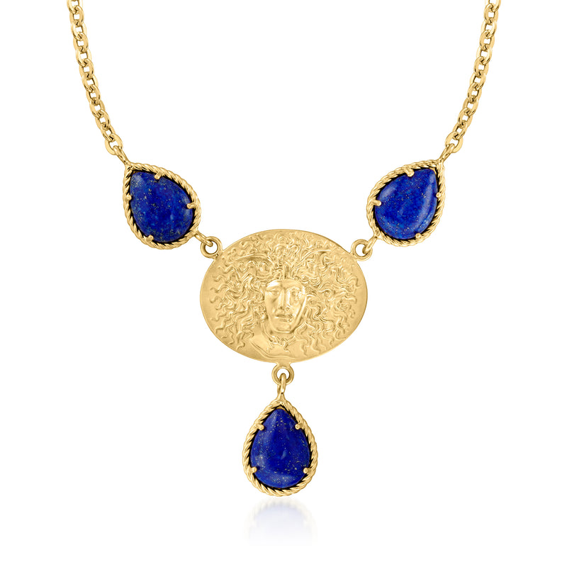 18kt gold over sterling medusa necklace with blue oval stones and round cameo medallion