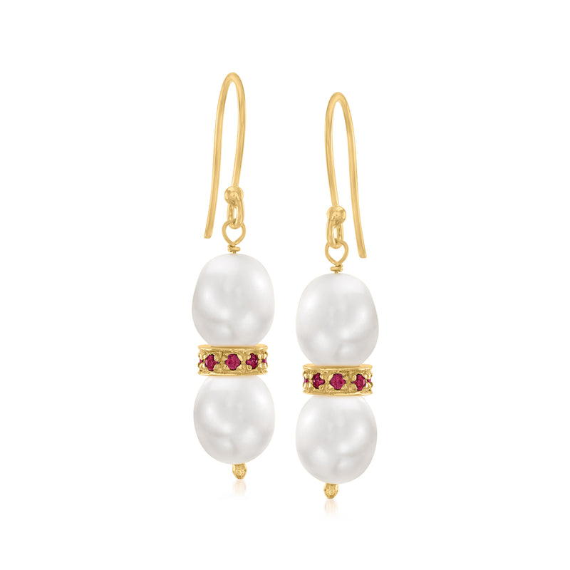 Gold over sterling pearl drop earrings with ruby-stone band accents on earwires
