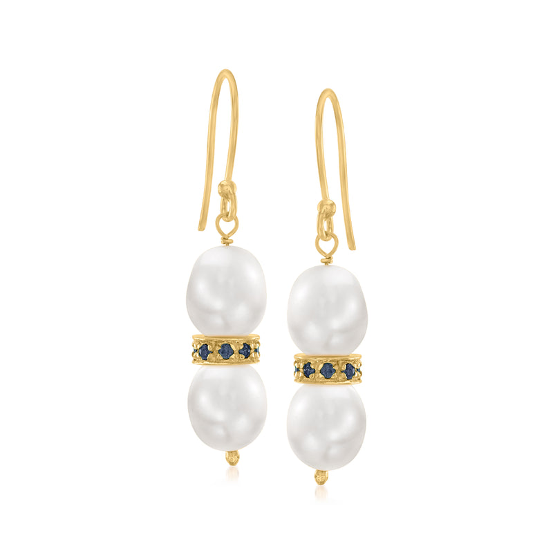Gold-tone earwire drop earrings with two white cultured pearls and blue sapphire band accents