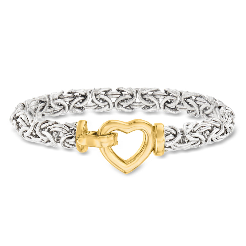 Two-tone sterling silver Byzantine heart bracelet with gold heart center