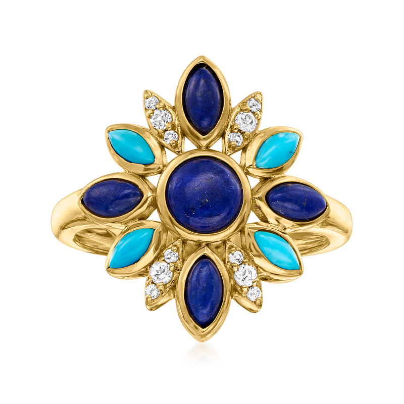Gold flower ring with lapis-blue oval stones, turquoise accents, and clear gemstone petals