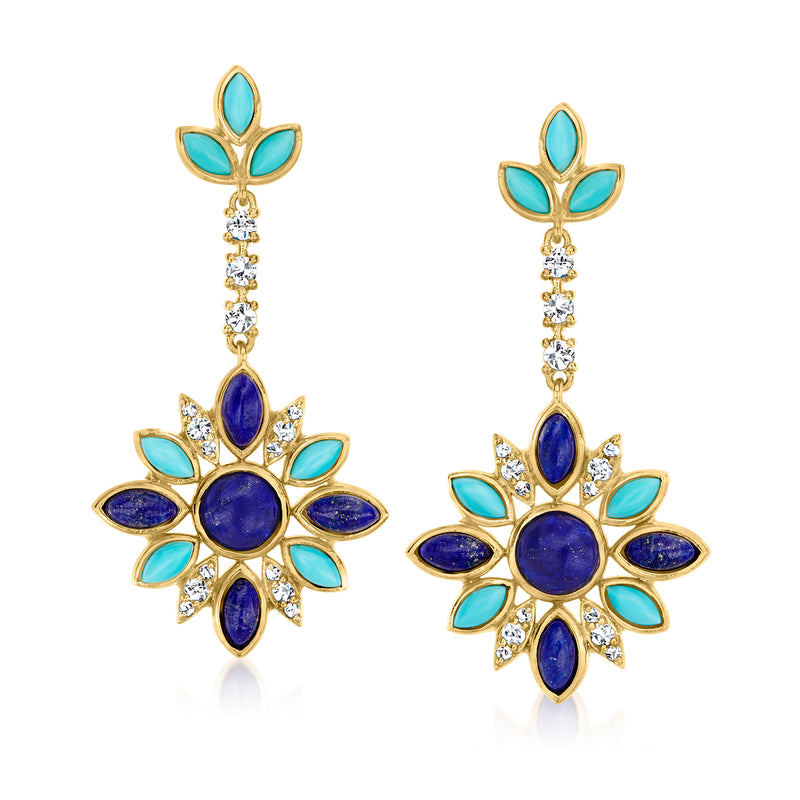 Gold flower drop earrings with turquoise and deep blue oval stones, with crystal drops