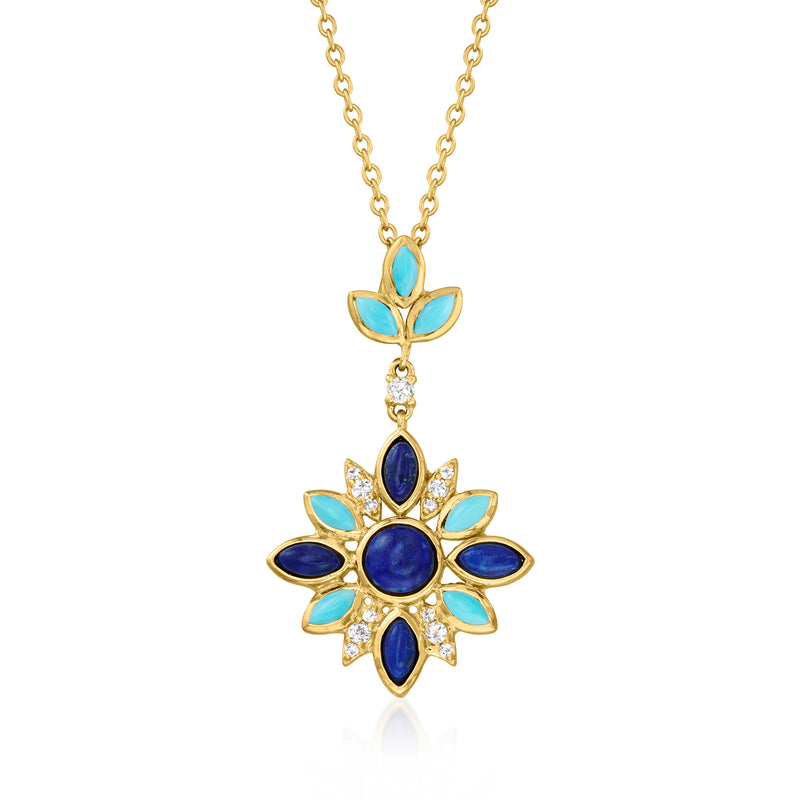 Gold-tone flower pendant necklace with turquoise and deep blue gemstone accents