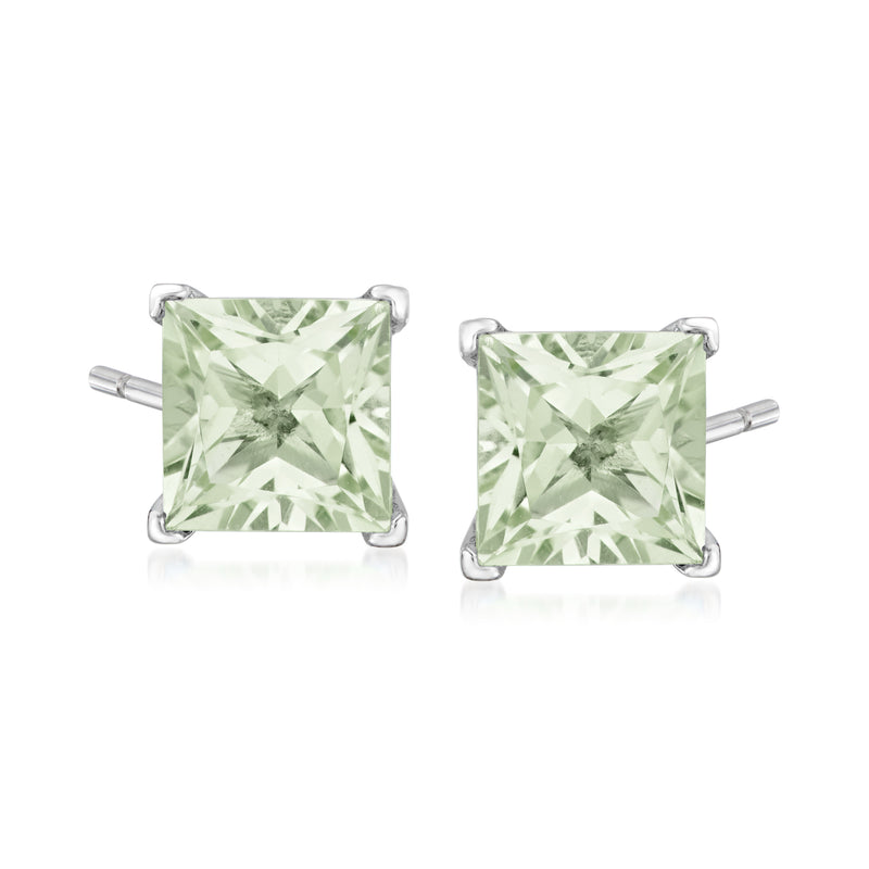 Sterling silver prasiolite square-cut stud earrings with faceted green gemstone