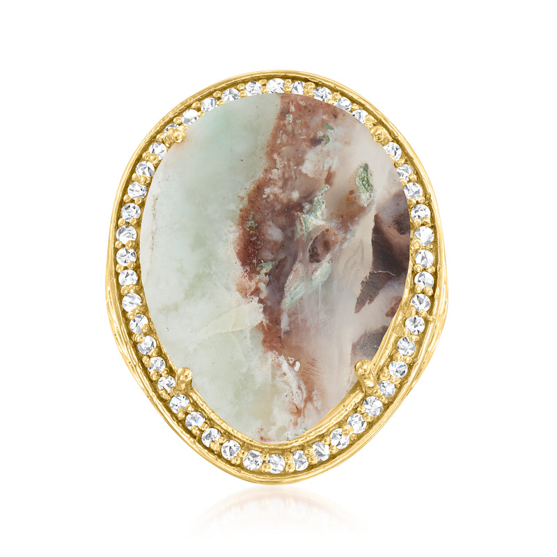 Oval multicolored chalcedony ring with white topaz halo in 18kt gold over sterling
