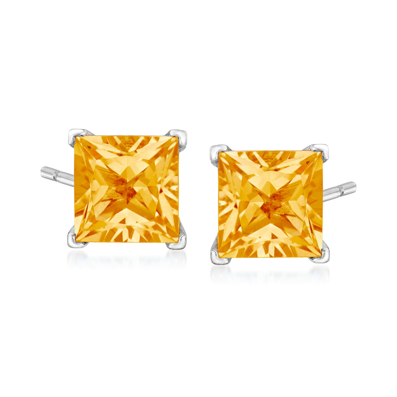 Sterling silver stud earrings with square cushion citrine gemstone, yellow-orange center