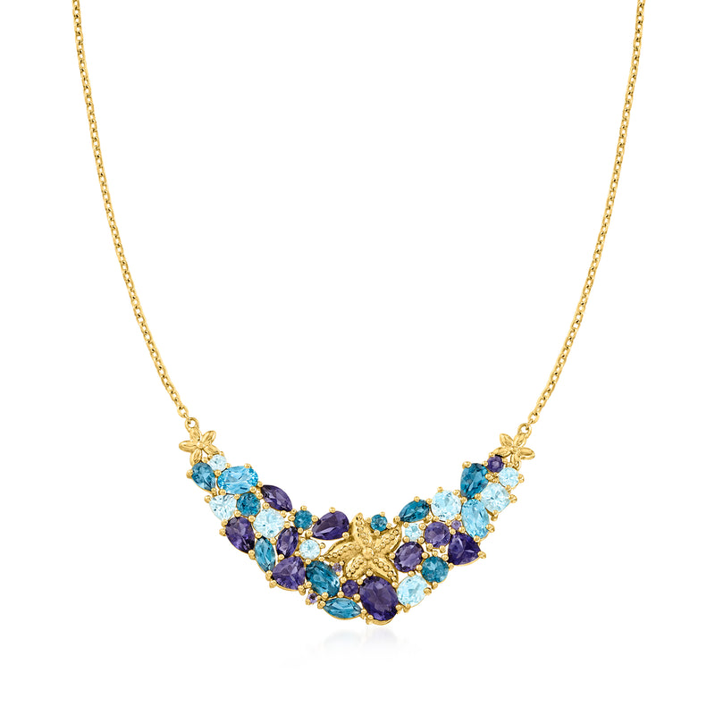 18kt gold over sterling necklace with blue topaz and purple iolite cluster stones