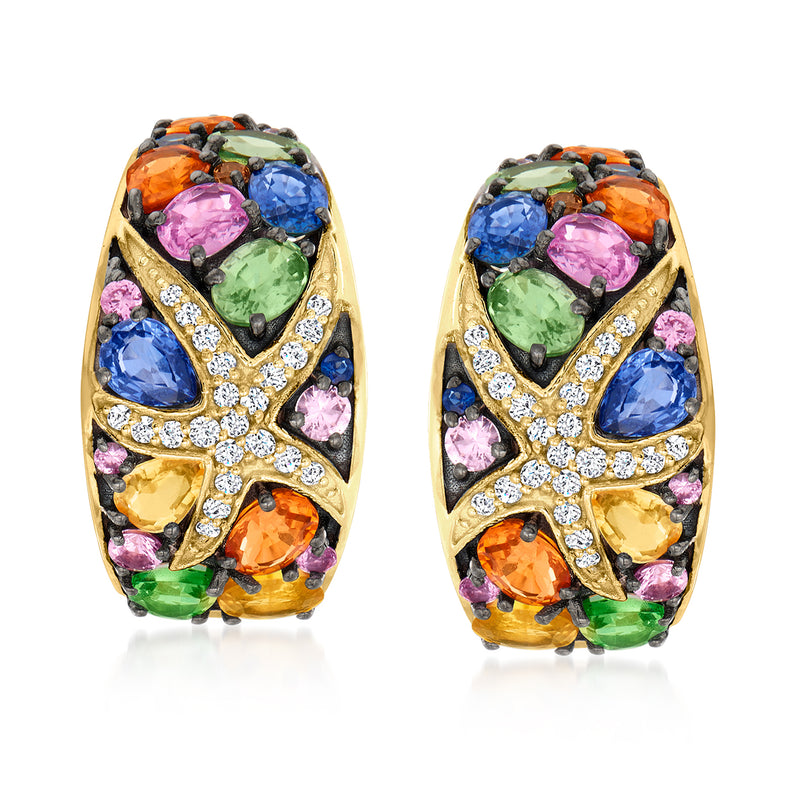 14kt yellow gold starfish drop earrings with multicolor gemstones and diamond accents