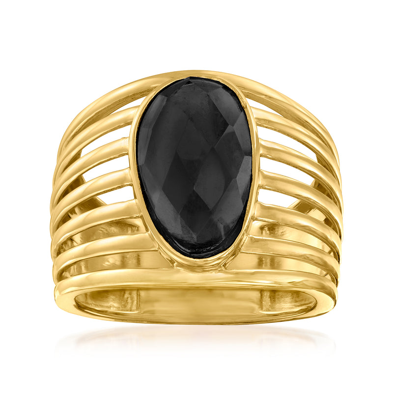 Gold-tone multi-row ring with oval black onyx-style center stone