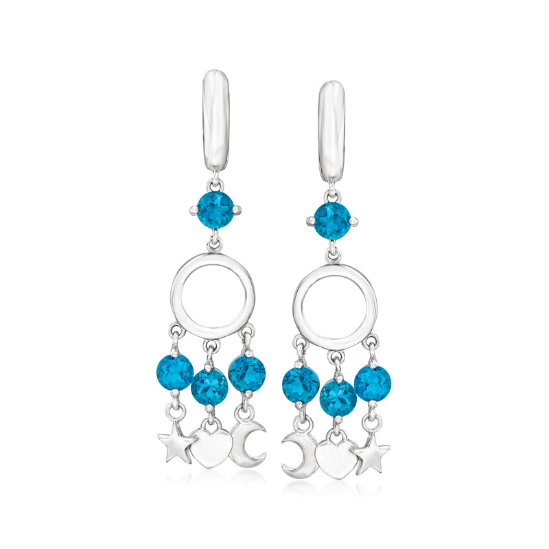 Sterling silver drop earrings with blue heart, moon, and star charms