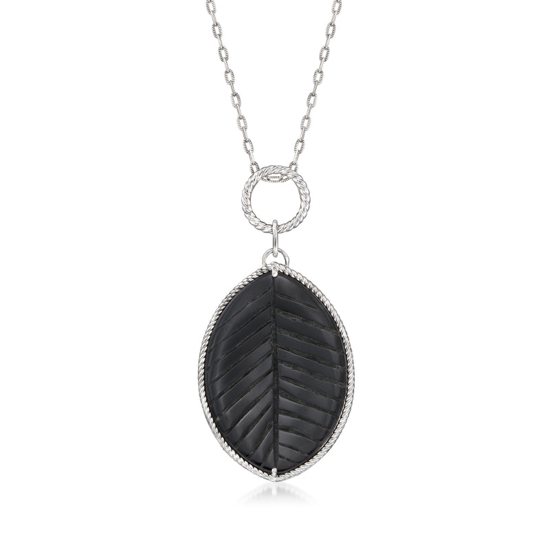 Sterling silver necklace with oval black onyx leaf pendant and linked chain
