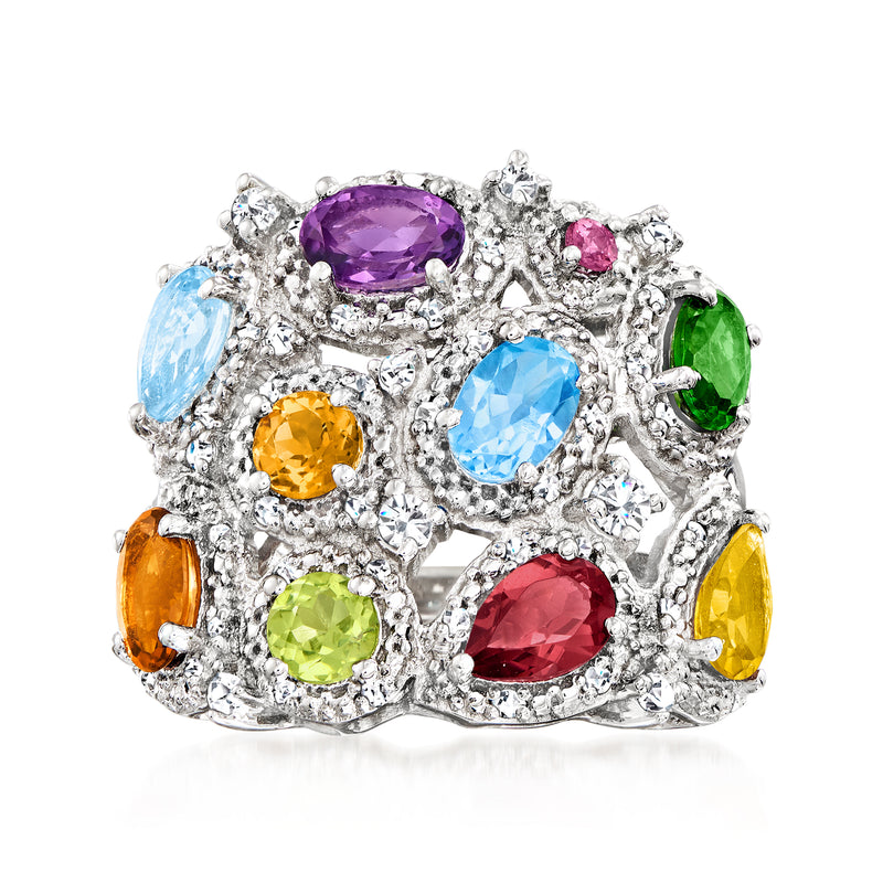 Sterling silver multi-gemstone ring with oval purple center and colorful gemstone accents
