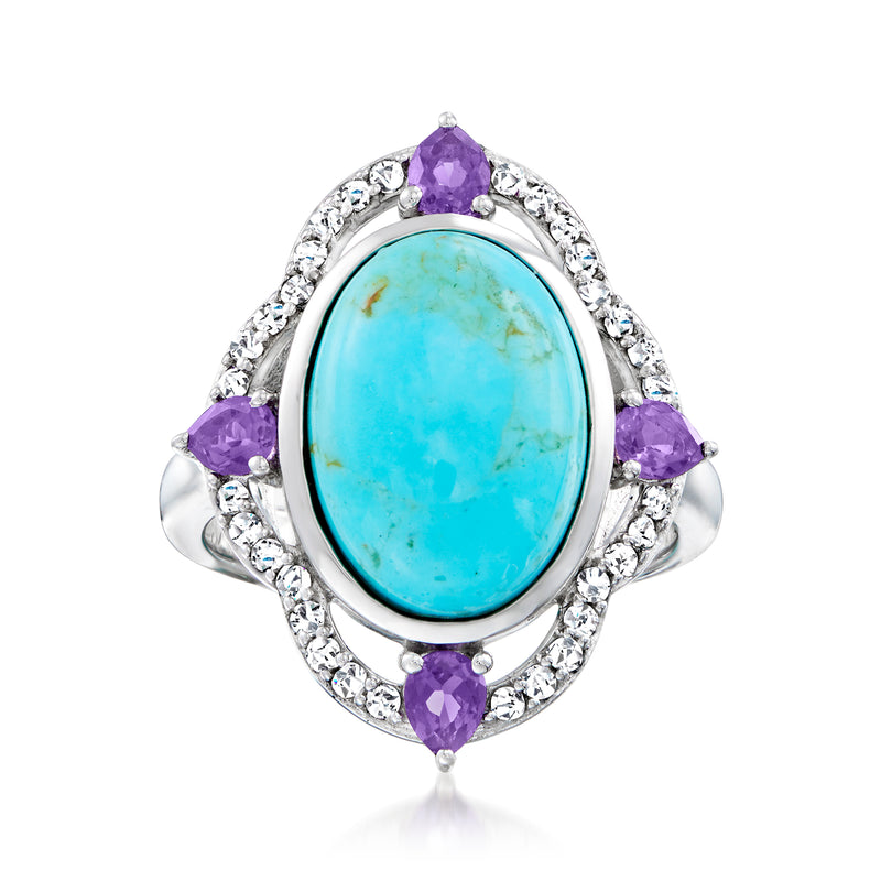 Oval turquoise multi-gem ring in sterling silver with purple side stones and clear halo