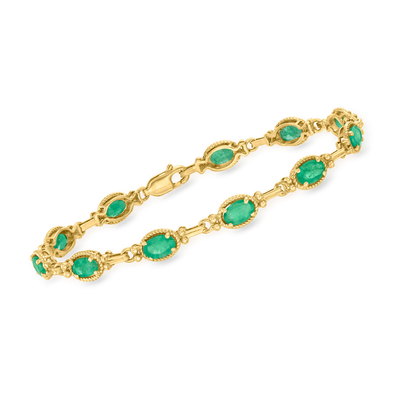 14kt yellow gold bracelet with oval green gemstones in rope-edge settings