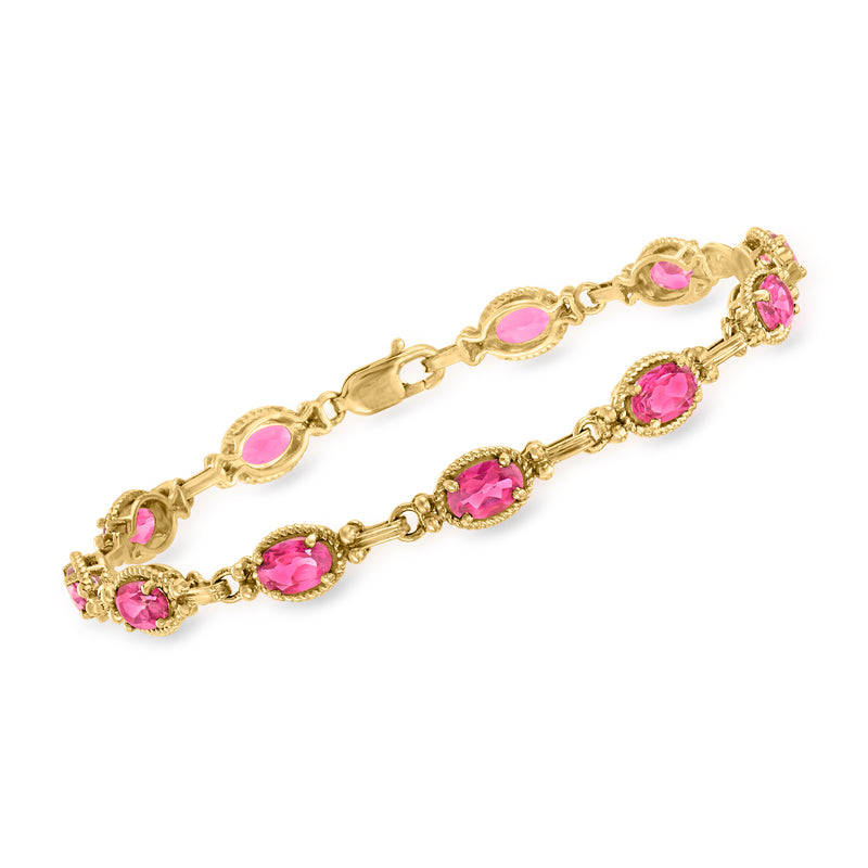 14kt yellow gold bracelet with oval pink gemstones and roped-edge links
