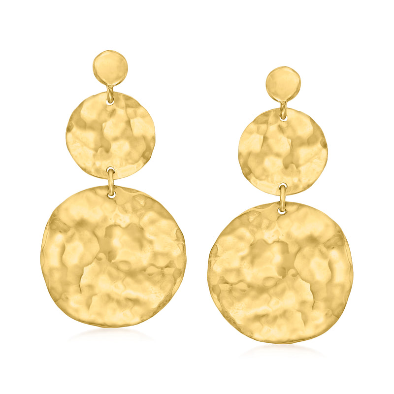 Hammered gold circle drop earrings with stacked round discs