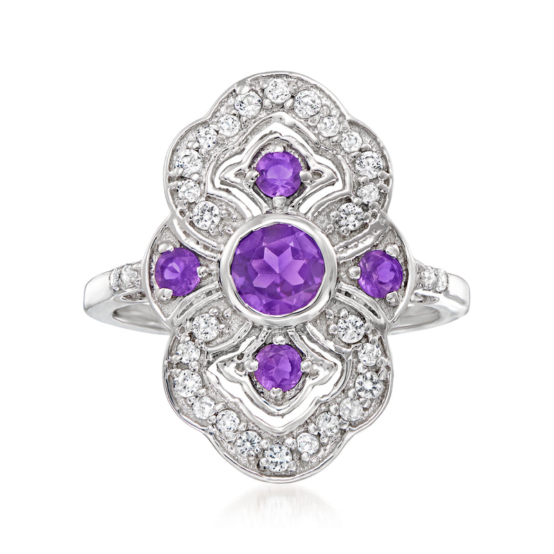 Vintage-style sterling silver ring with oval amethyst center and purple side stones