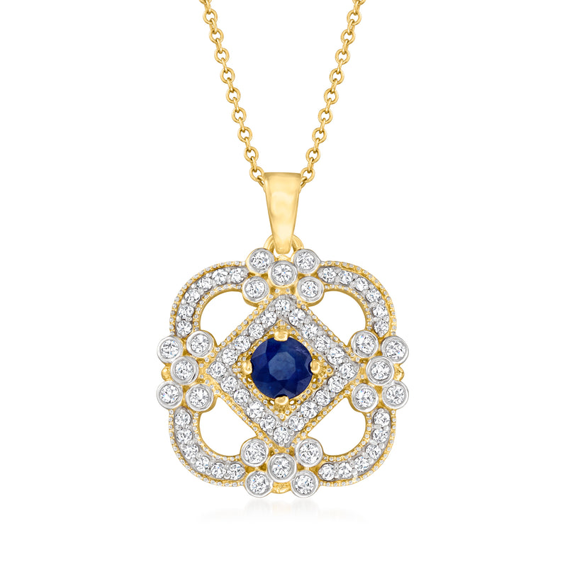 14kt yellow gold blue sapphire and diamond round filigree pendant on chain