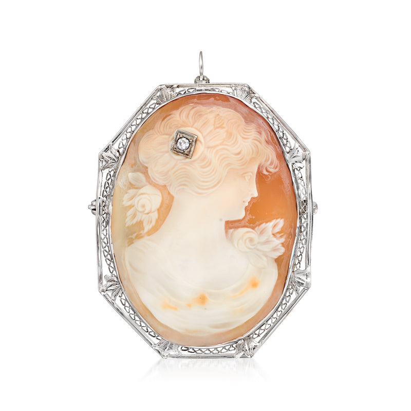 Oval shell cameo pendant with pink camo, small diamond accent, in white gold setting
