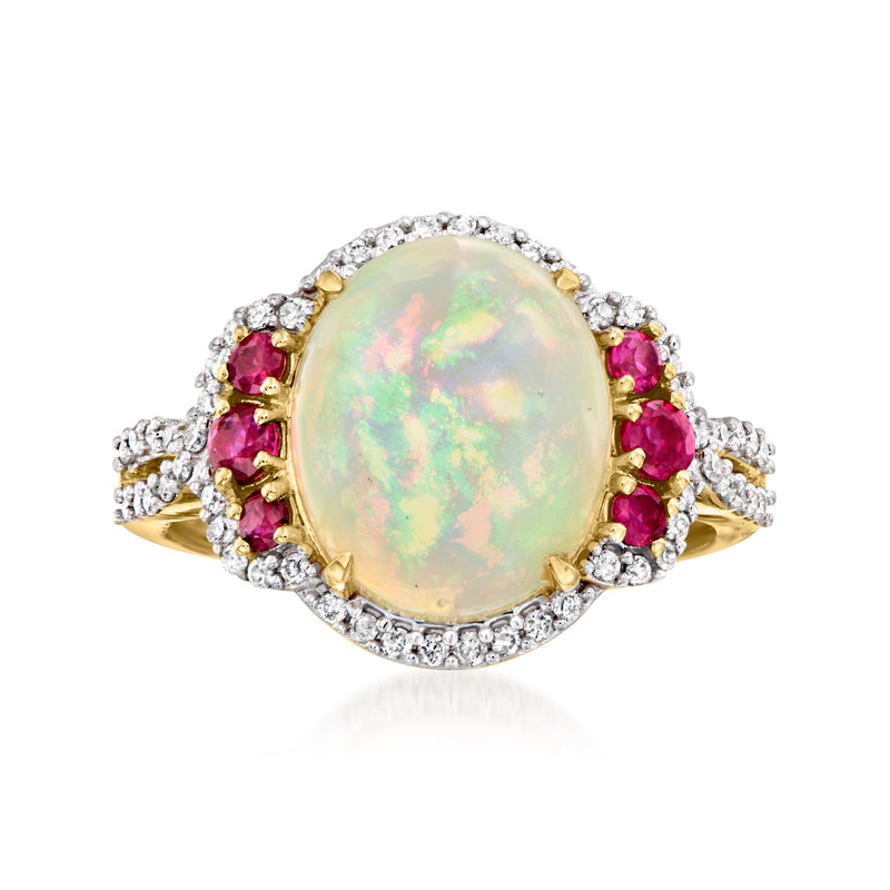 14kt yellow gold ring with oval Ethiopian opal center, ruby accents, and diamond halo