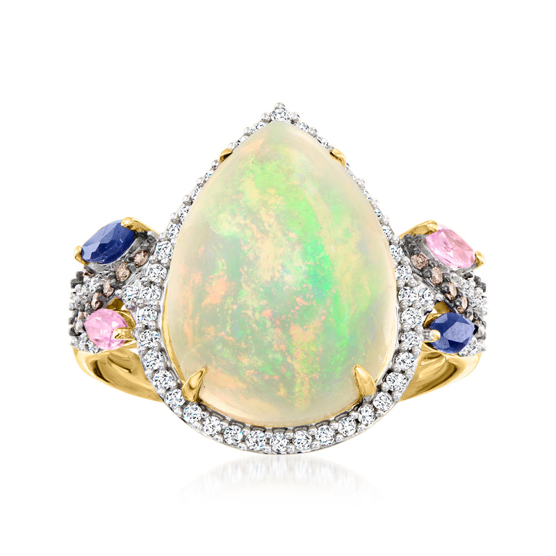 14kt yellow gold opal ring with pear-shaped opal, diamond halo, and multicolor sapphires