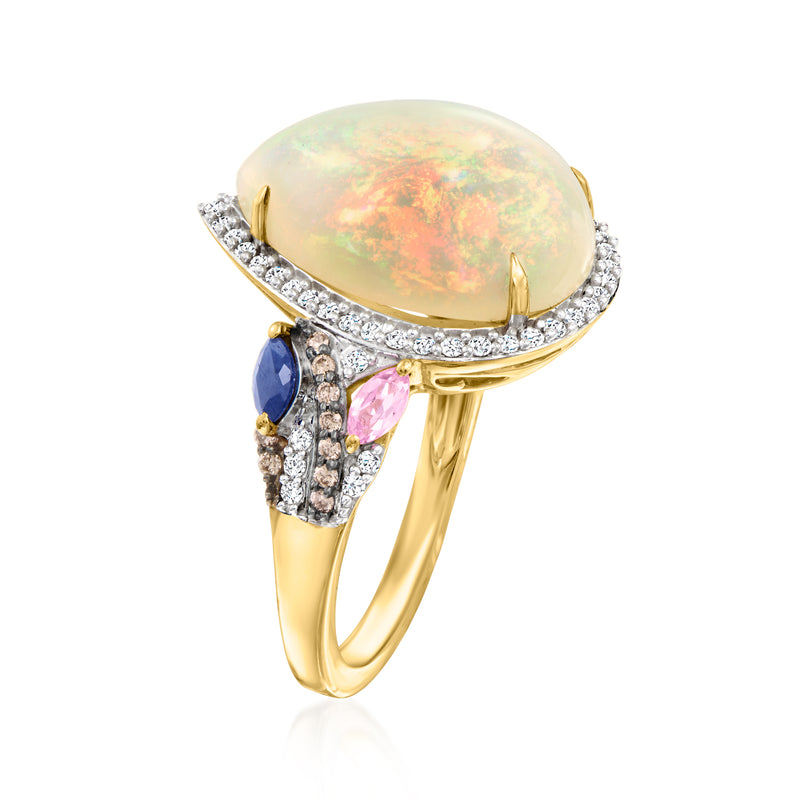 14kt yellow gold opal ring with pear-shaped opal, diamond band, and multicolor sapphires