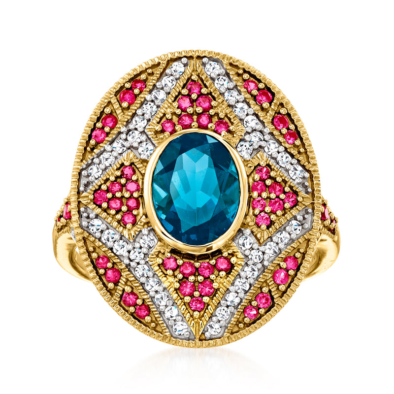14kt yellow gold ring with oval London blue topaz, pink sapphires and diamond accents