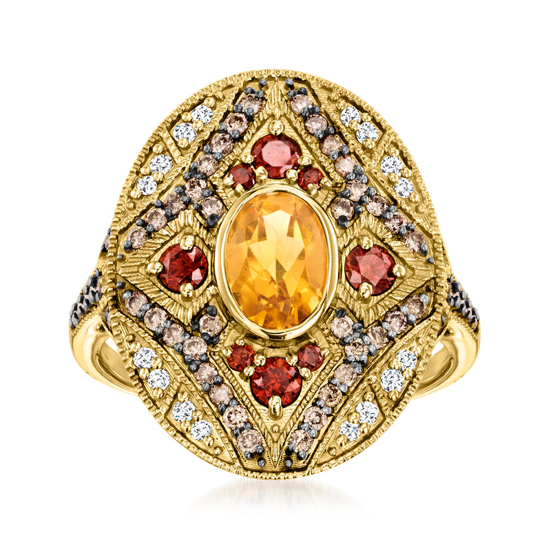 14kt yellow gold oval citrine ring with multicolored diamond halo and accents