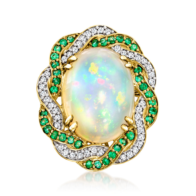 14kt yellow gold oval opal twisted halo ring with green emeralds and white diamonds