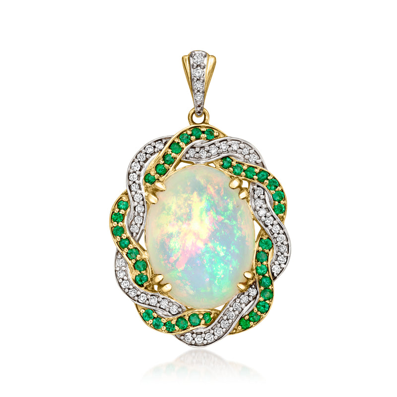 14kt yellow gold twisted opal pendant with green stones and diamond halo