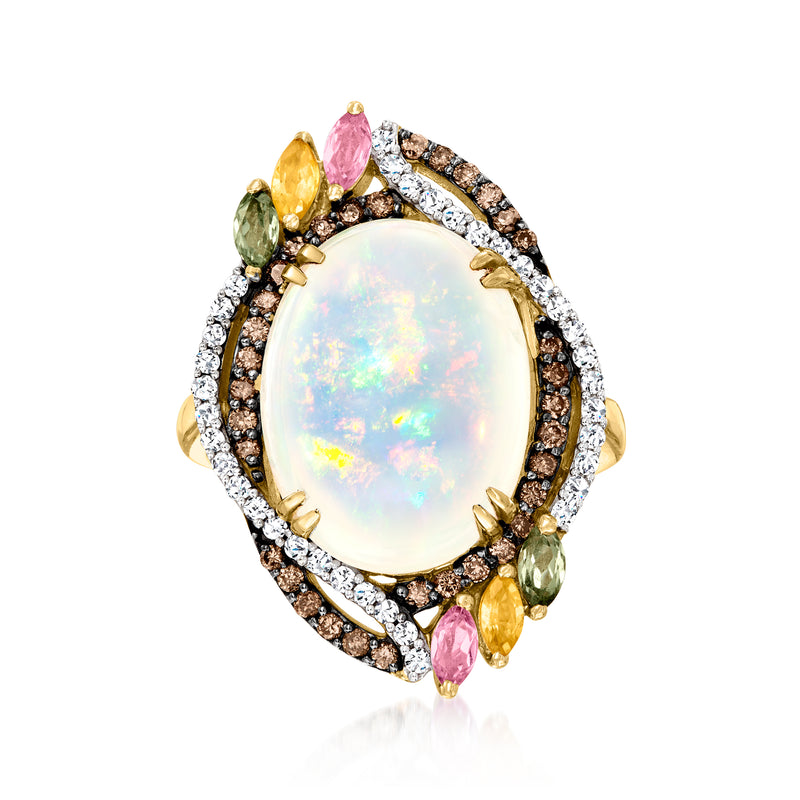 Opal ring in 14kt yellow gold with multicolored sapphires and brown and white diamonds