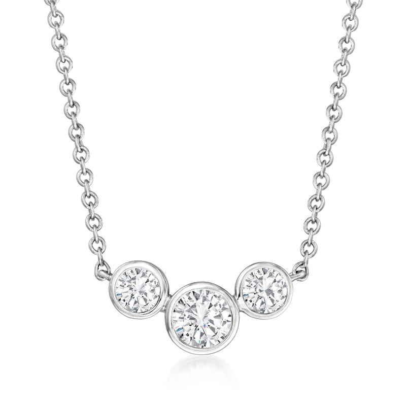 14kt white gold three-stone bezel-set diamond necklace with three round stones