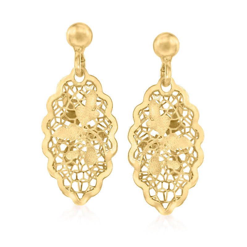 Yellow gold drop earrings with scalloped lattice lace pattern and round top loops
