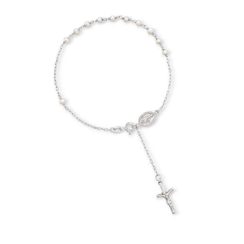 Sterling silver pearl anklet with small white cultured pearls and dangling cross charm