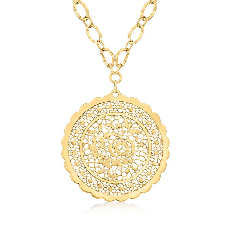 14kt yellow gold floral lace medallion pendant necklace with link chain