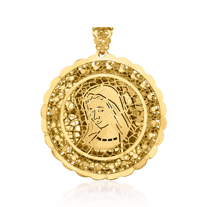 14kt yellow gold Virgin Mary filigree medallion pendant with ornate halo design