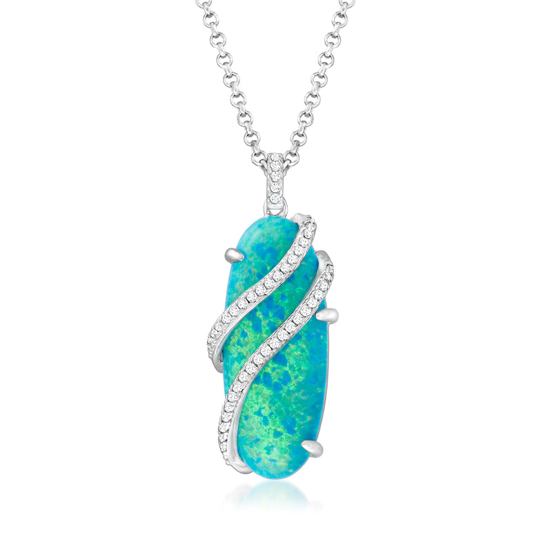 Sterling silver pendant necklace with blue opal teardrop and CZ-lined swirl