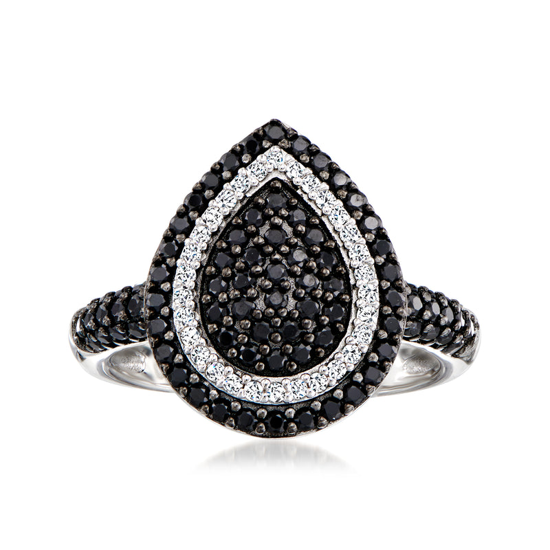 Sterling silver teardrop ring with black spinel and white zircon border