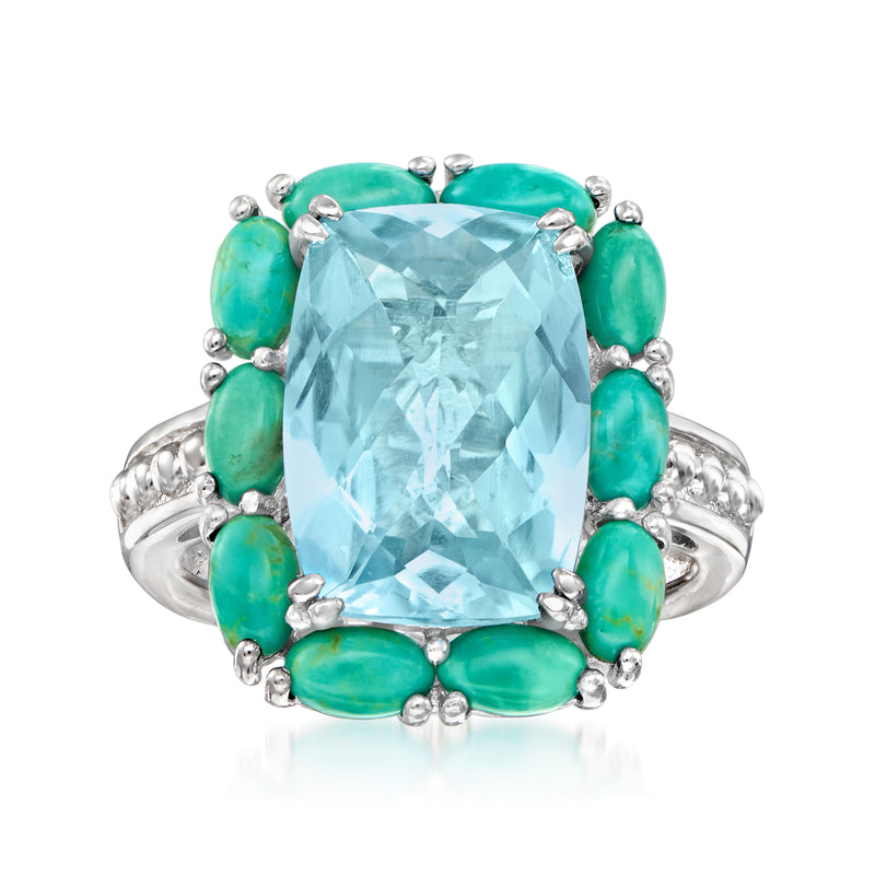 Sterling silver ring with large light blue cushion-cut gemstone and green oval side stones