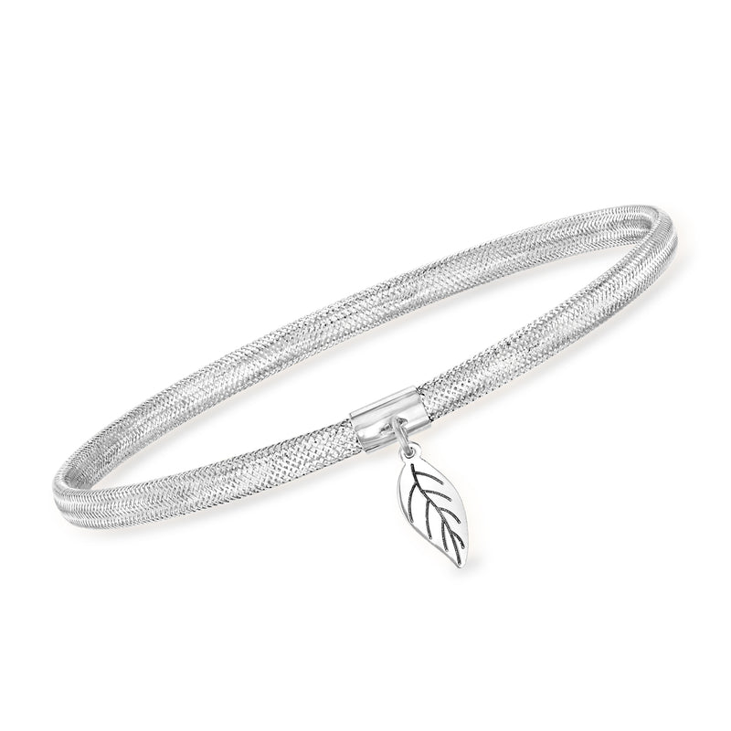 Italian 14kt white gold leaf charm mesh bracelet with dangling leaf pendant