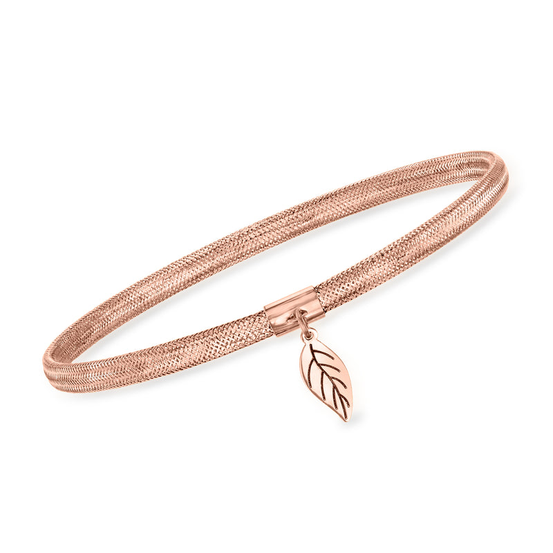 14kt rose gold mesh bracelet with leaf charm and clasp
