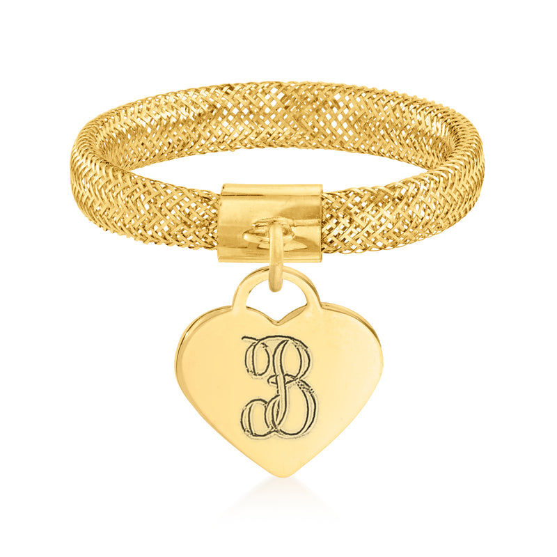 14kt yellow gold mesh ring with dangling heart charm and engraved initials
