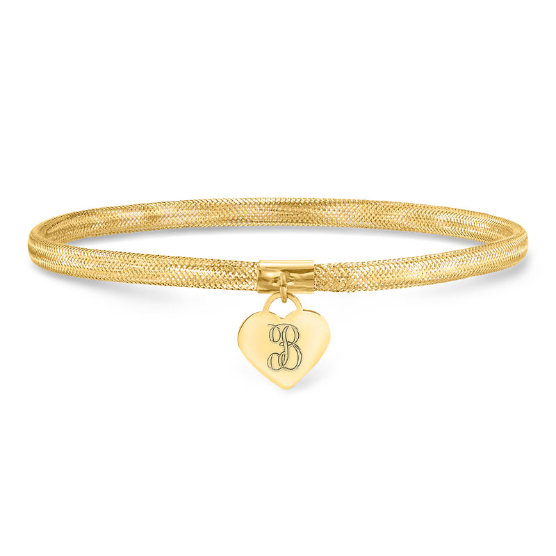 14kt yellow gold mesh bracelet with heart charm, engraved initial on charm