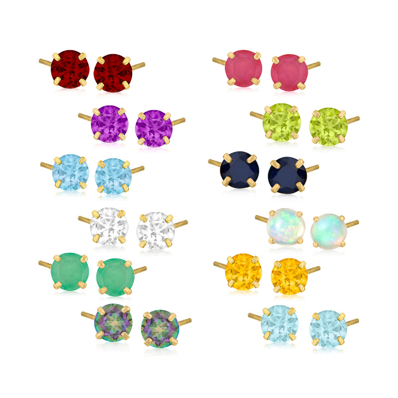 Childrens birthstone stud earrings with round gemstones in 14kt yellow gold