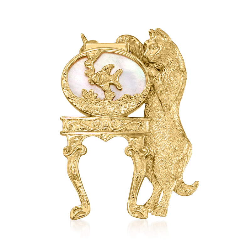 Gold over sterling cat pin with mother-of-pearl fish tank and gold accents